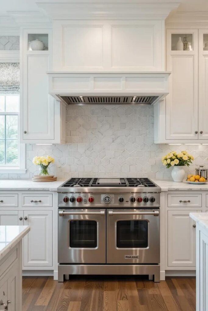 Stainless steel appliances paired with traditional cabinetry in a transitional kitchen.