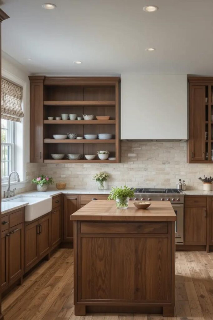 Natural wood elements in a transitional kitchen with open shelving and butcher block.