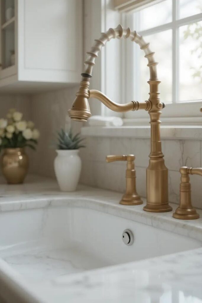 Transitional kitchen sink with undermount basin and brass bridge faucet.