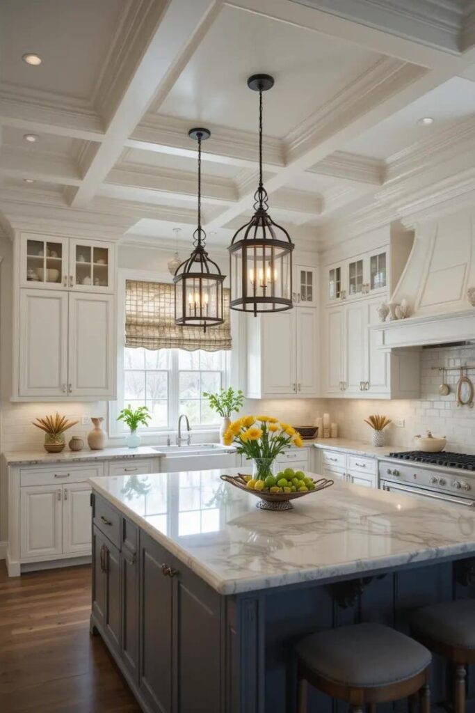  White coffered ceiling in a transitional kitchen with pendant lighting.
