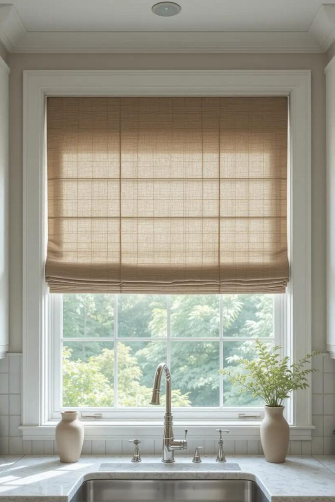 Linen Roman shades in a transitional kitchen window for natural light and texture.