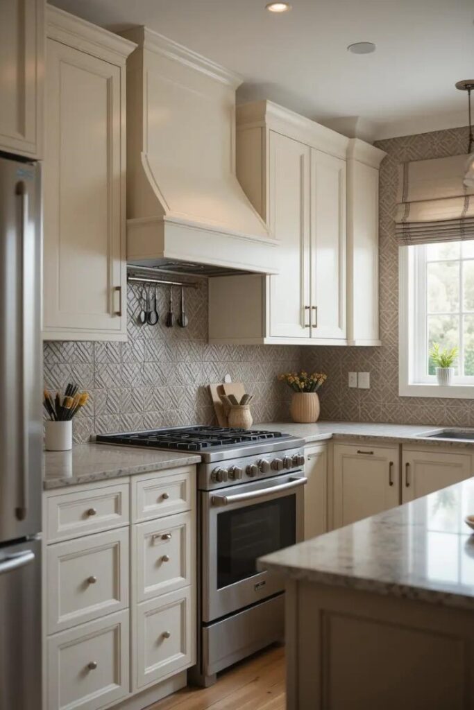 Neutral-toned transitional kitchen with textured backsplash and cream cabinetry.