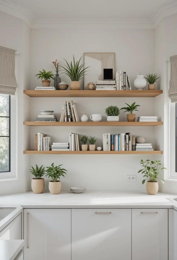  Natural wood floating shelves styled with books and plants in a modern kitchen with white walls.
