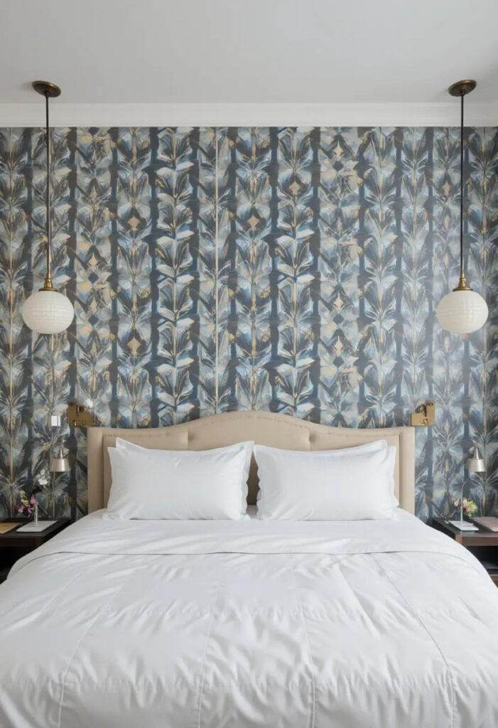  Bold peel-and-stick wallpaper with a geometric pattern on a bedroom accent wall behind a white bed.