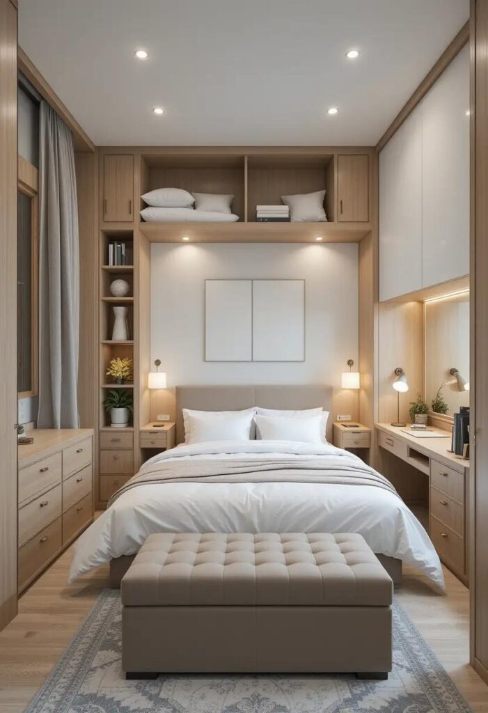 Small bedroom with multifunctional furniture and hidden storage.