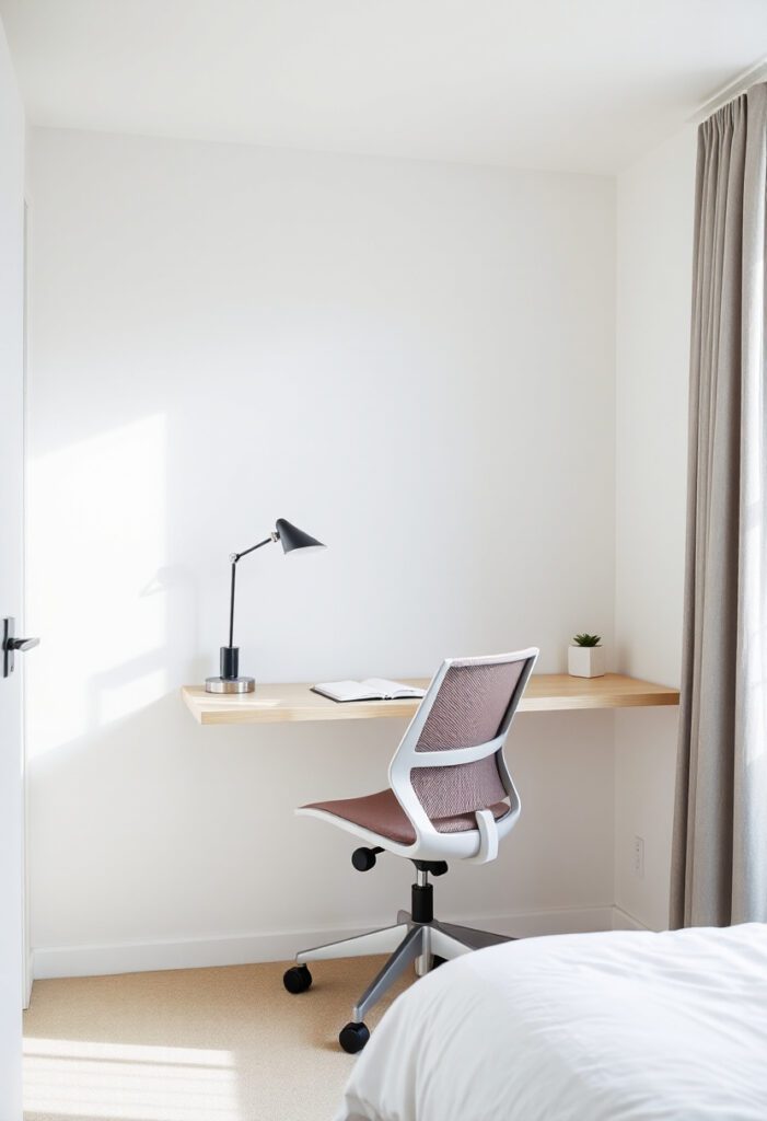 Small bedroom with wall-mounted floating desk and chair.