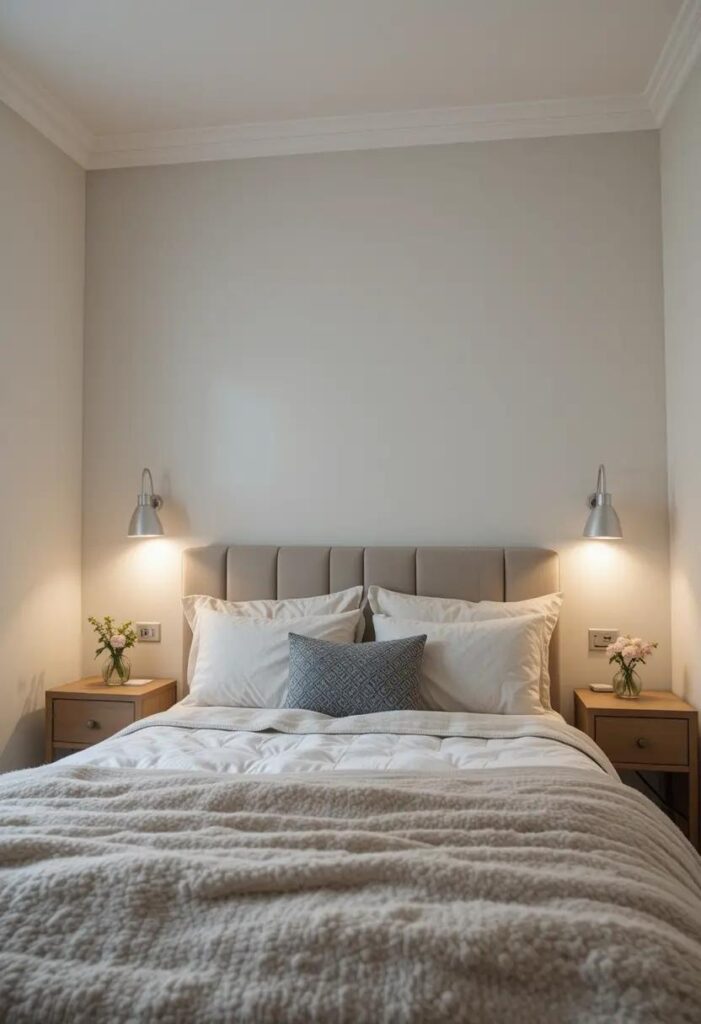 Wall-mounted sconces beside bed in small bedroom.