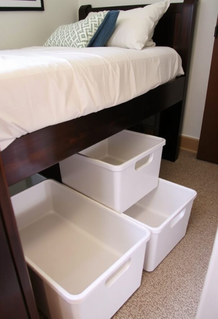 Under-bed bins for space-saving storage.