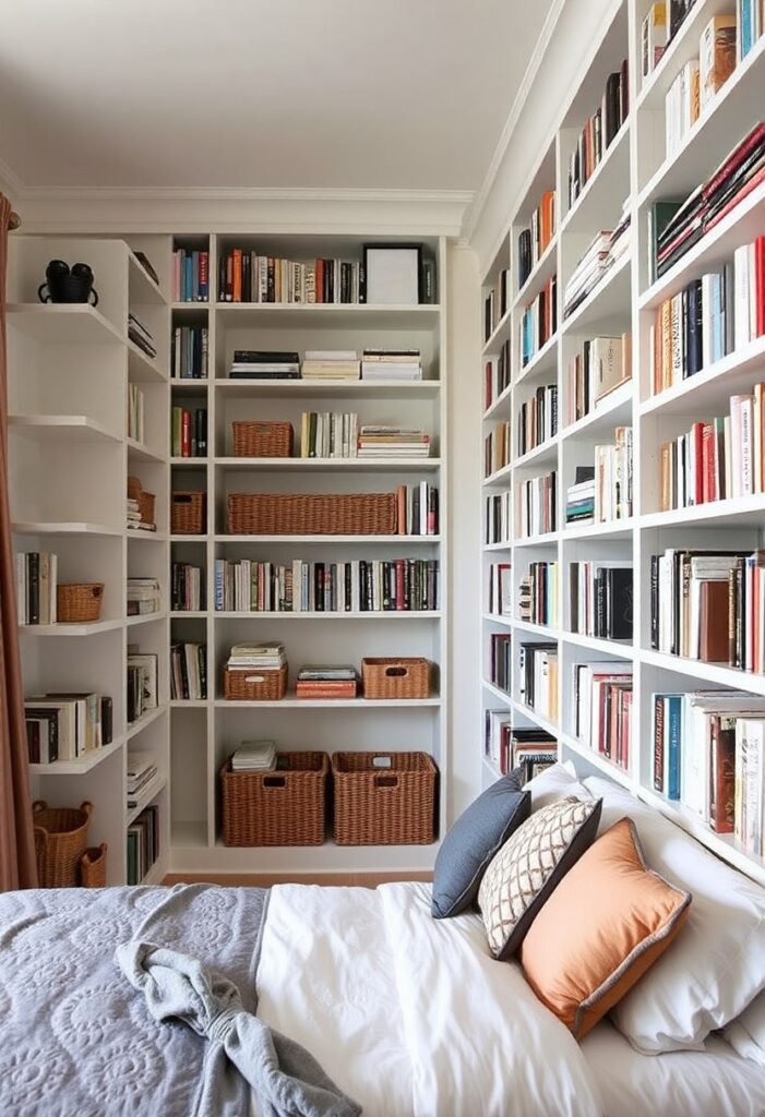 Tall shelving maximizing vertical space.