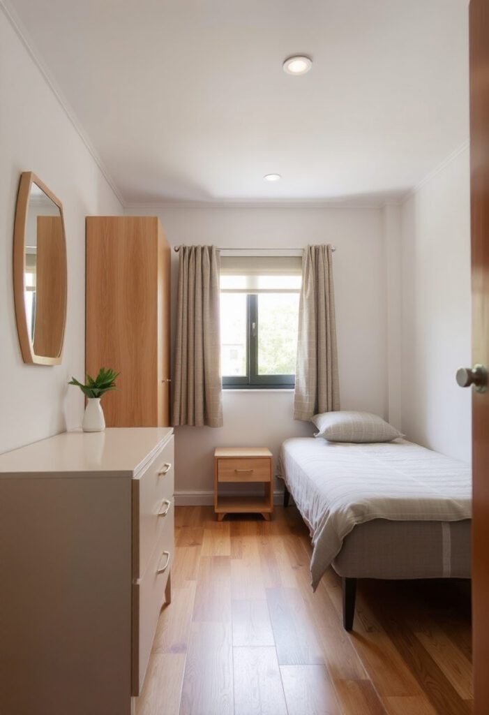 Scaled-down furniture for small bedroom.