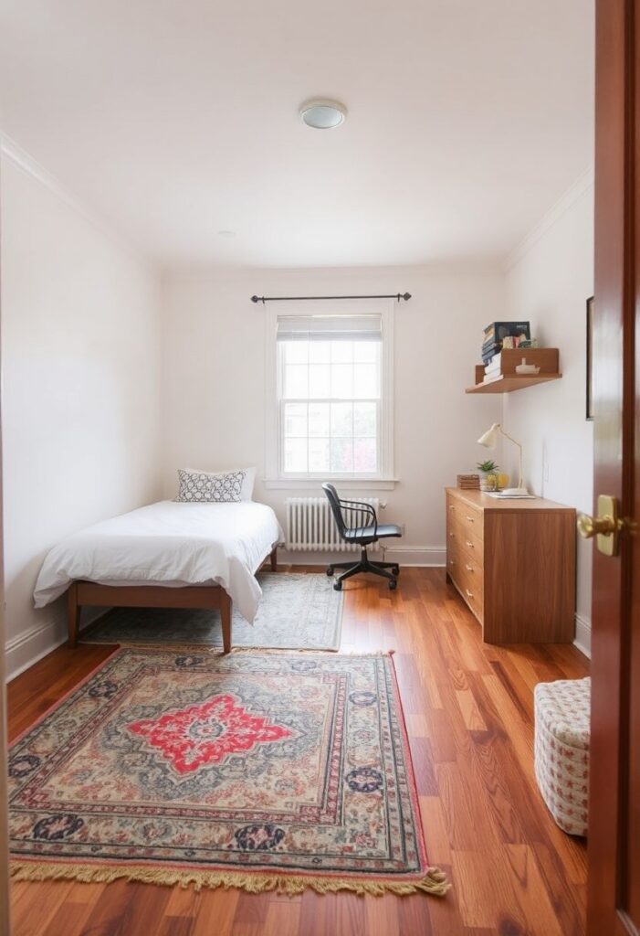 Rugs creating zones in compact space.