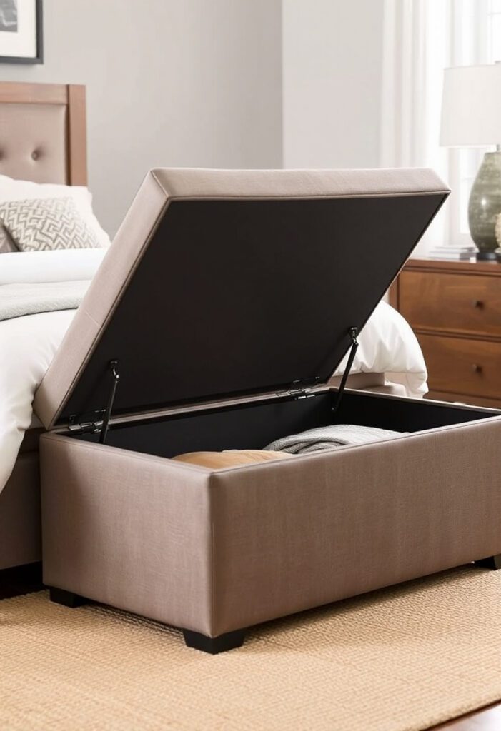 Furniture with hidden storage in bedroom.