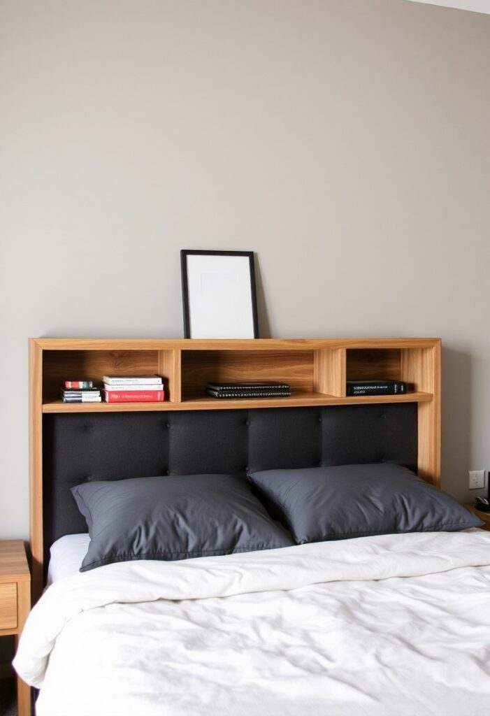 Storage headboard for bedside items.