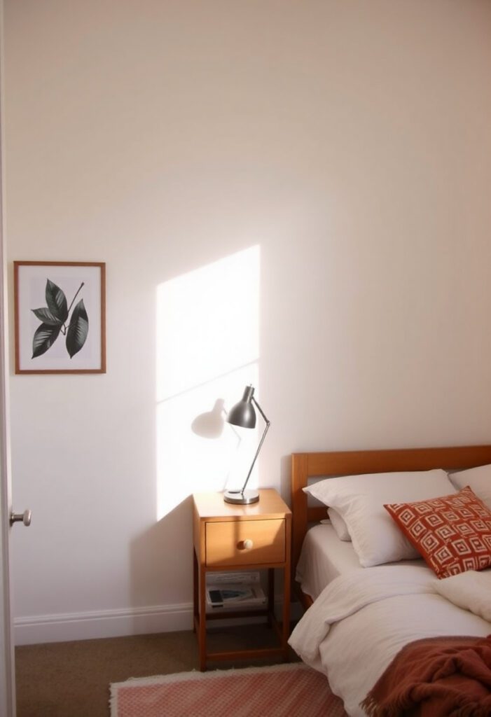 Minimal decor keeping small room tidy.