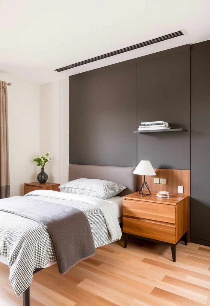 Properly scaled furniture in compact bedroom.