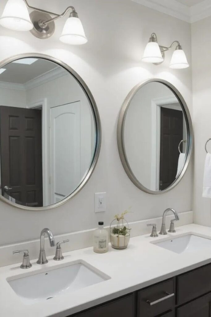 Double vanity bathroom with two matching round mirrors and brushed nickel frames.