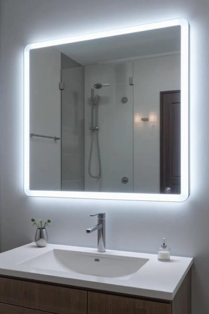 Frameless backlit bathroom mirror glowing with LED lighting above a modern vanity.