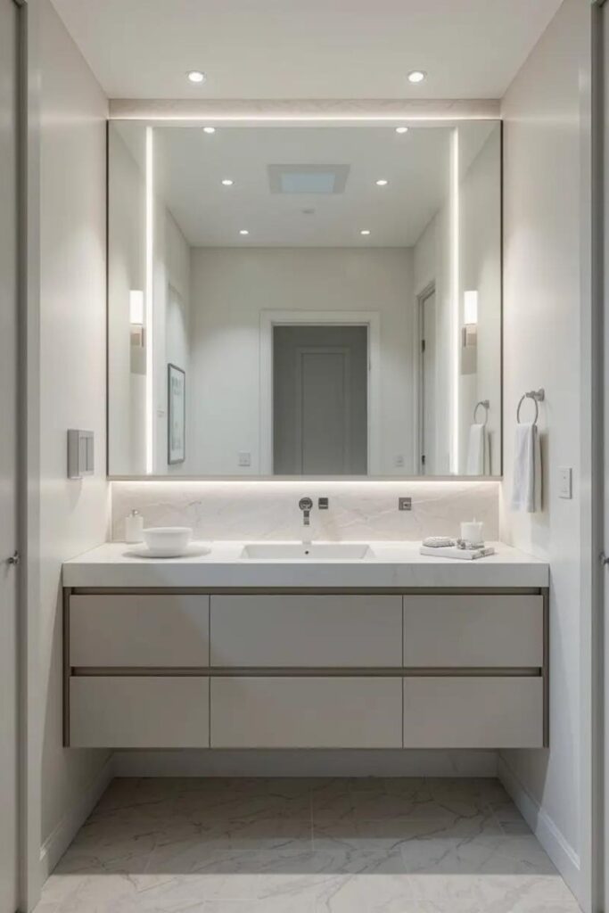 Small bathroom with a full wall mirror behind the vanity, reflecting light and creating depth.