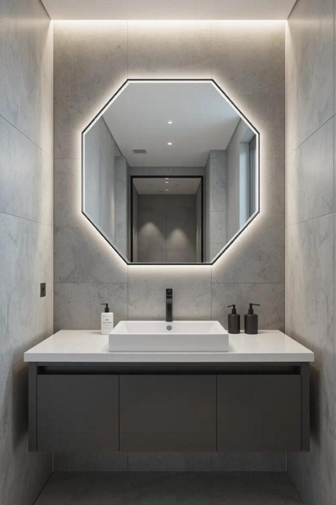 Hexagonal bathroom vanity mirror adding geometric interest to a modern bathroom.