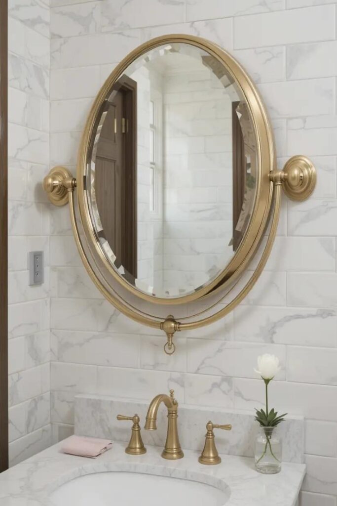 Round pivot mirror with brass hardware above a vanity in a classic tiled bathroom.