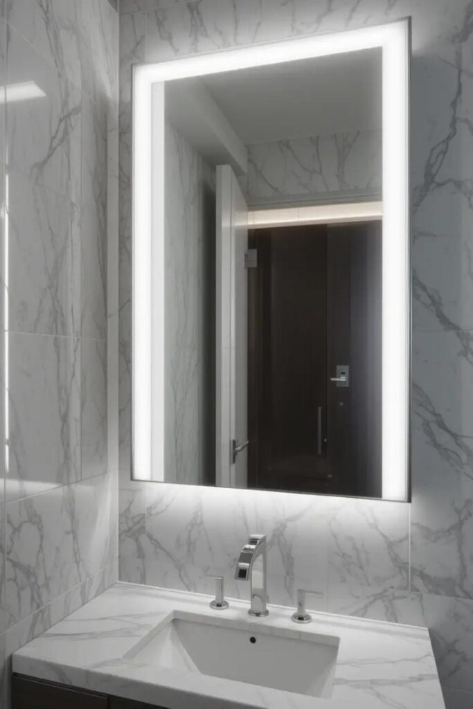 Recessed mirror cabinet with a sleek modern design above a marble vanity.