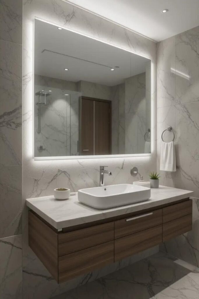 Frameless floating bathroom vanity mirror with polished edges and modern styling.