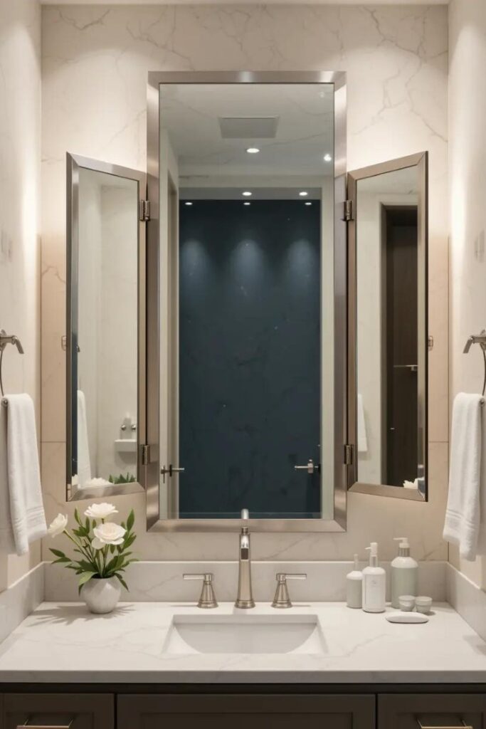 Three-panel triptych bathroom mirror with adjustable side panels above a modern vanity.