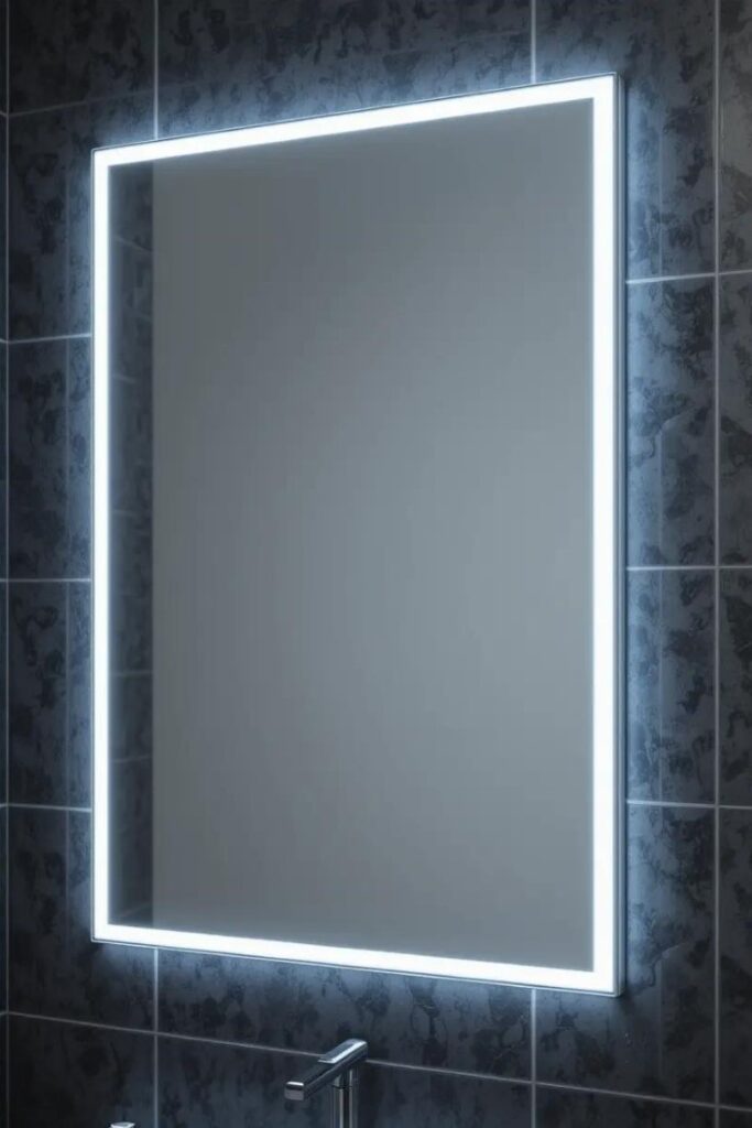 LED-framed bathroom mirror with bright lighting and clean modern lines.