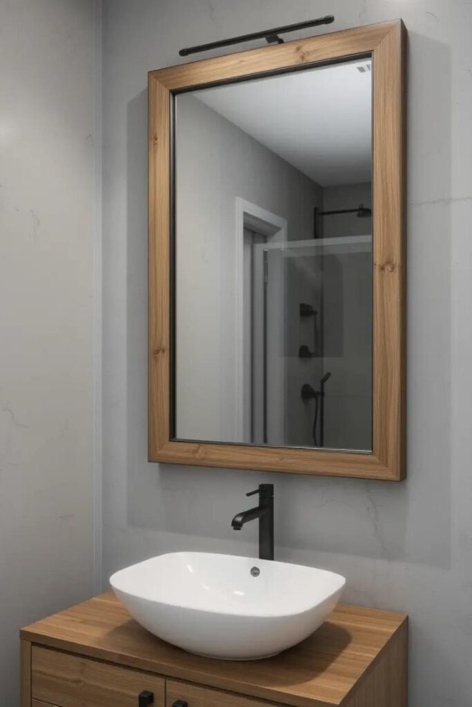 Bathroom vanity mirror with a wood and metal mixed-material frame for textural contrast.