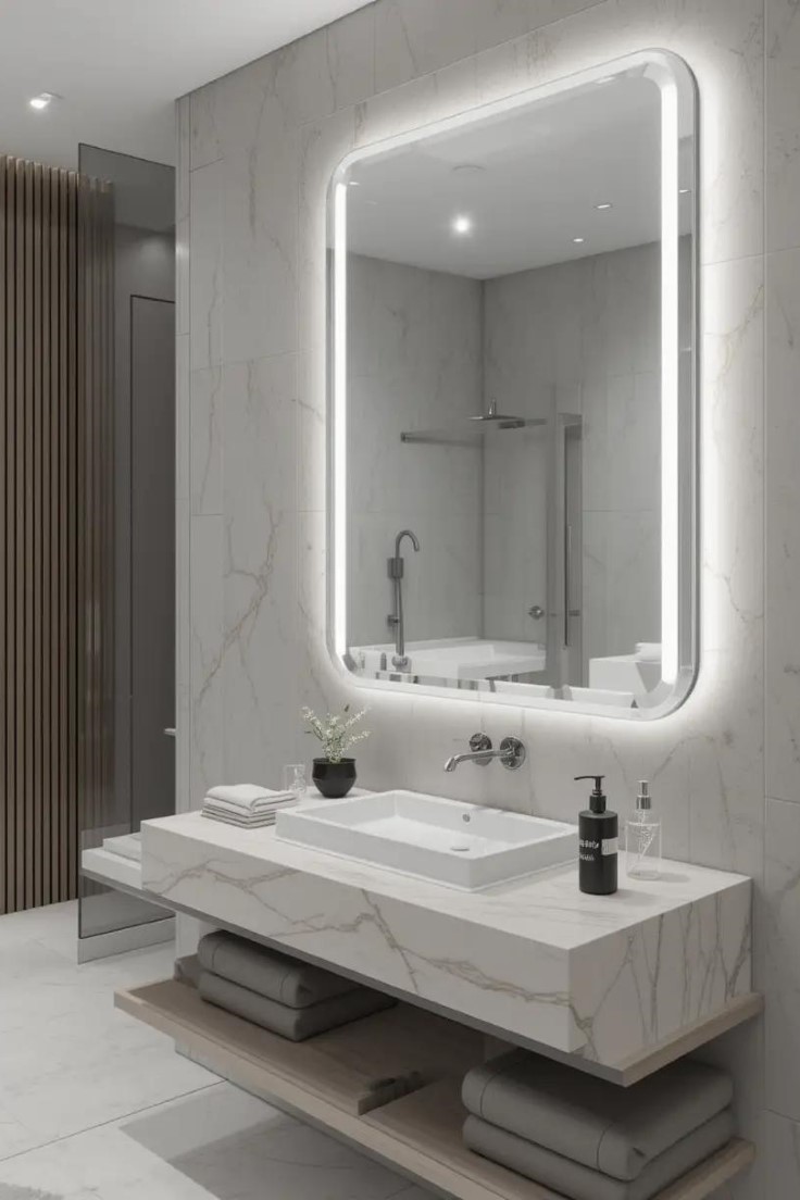 Statement bathroom mirror with a bold gold sunburst frame as wall decor.