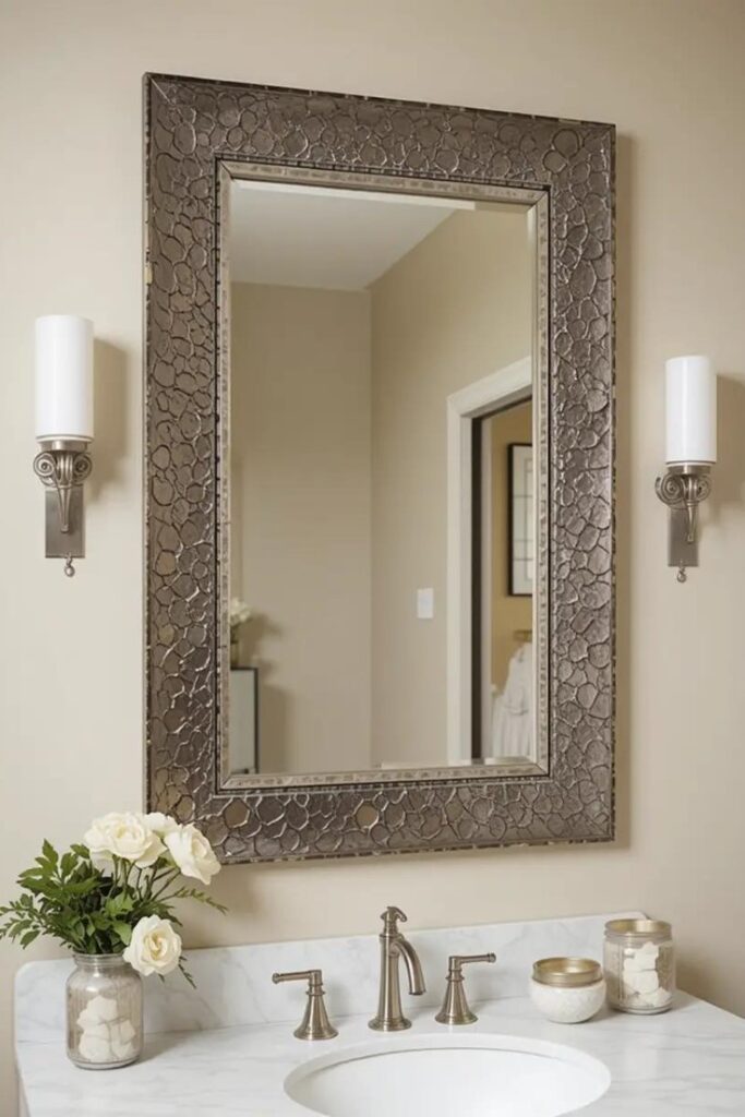 Hammered metal frame bathroom mirror adding texture to a neutral bathroom.