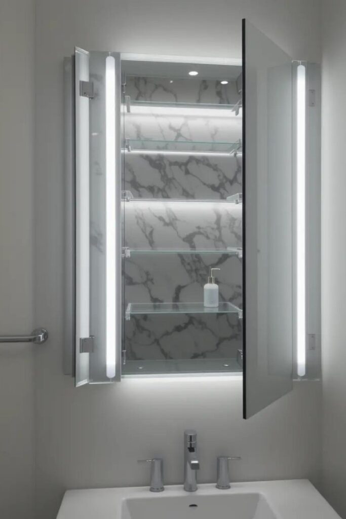 Frameless mirrored medicine cabinet with hidden storage and a clean, modern look.