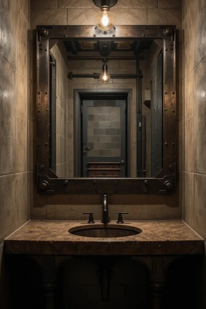 Industrial-style bathroom mirror with raw black metal frame and visible rivets.