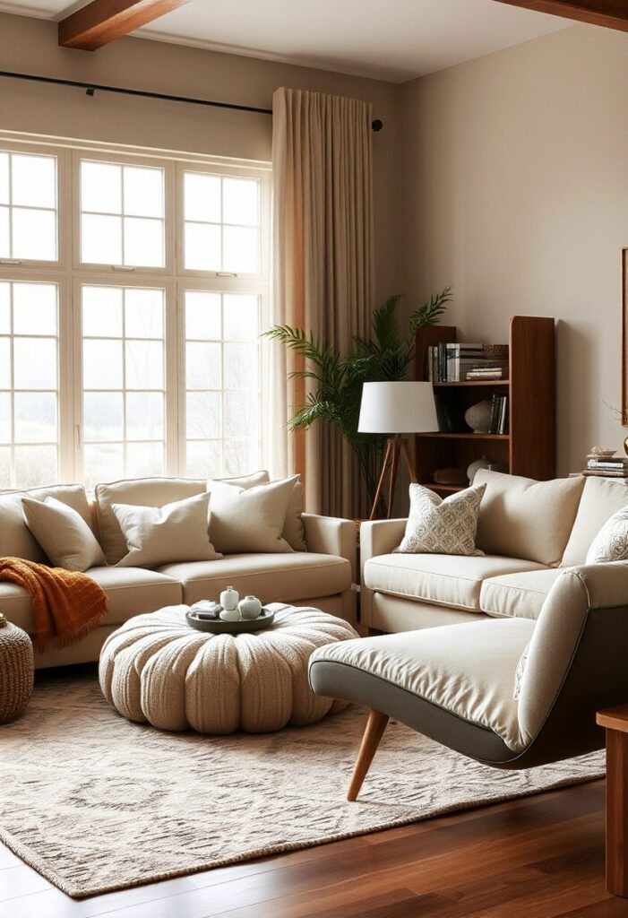 Cozy living room featuring a deep sofa, oversized armchairs, poufs, and a chaise lounge for layered comfort.