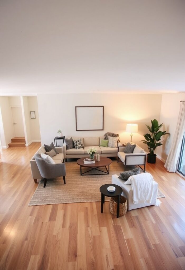 Cozy living room with clear walking paths, intimate seating areas, and purposefully styled corners for balance.