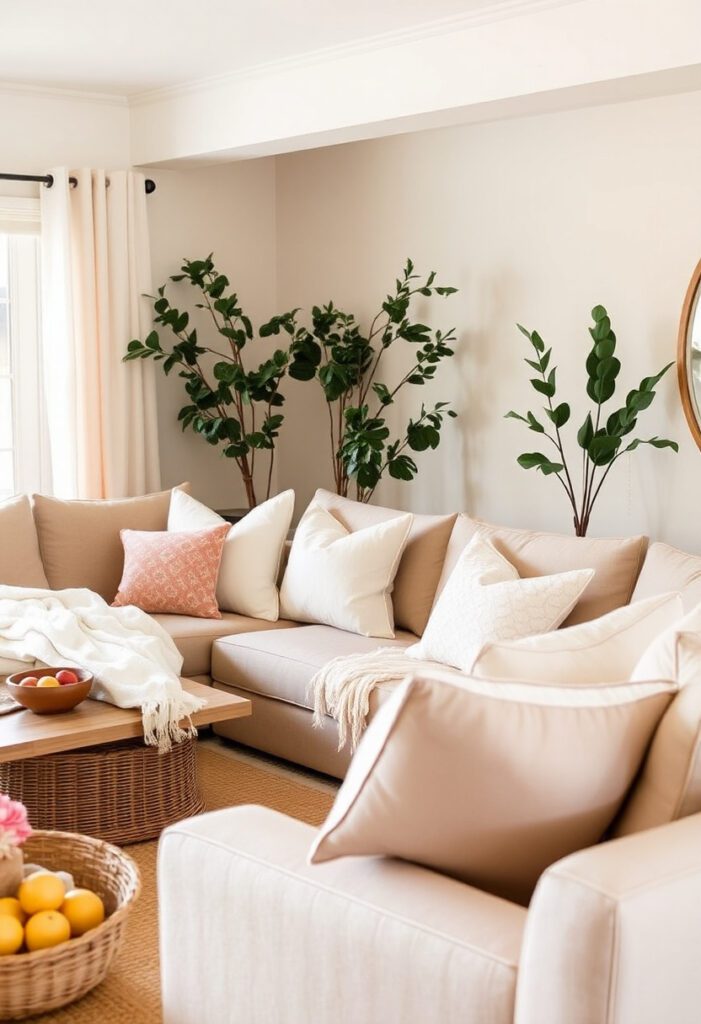 Cozy living room with swappable seasonal decor like lightweight summer throws, warm winter pillows, and adjustable lighting.