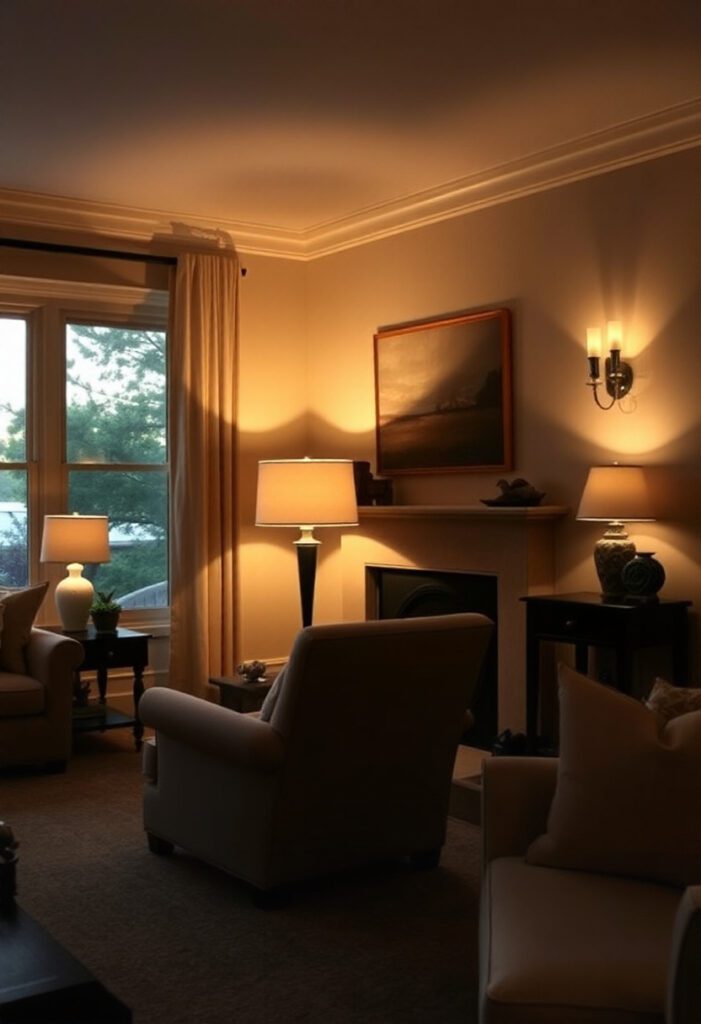 Cozy living room with warm, layered lighting including a floor lamp, table lamps, and wall sconces casting a soft golden glow.