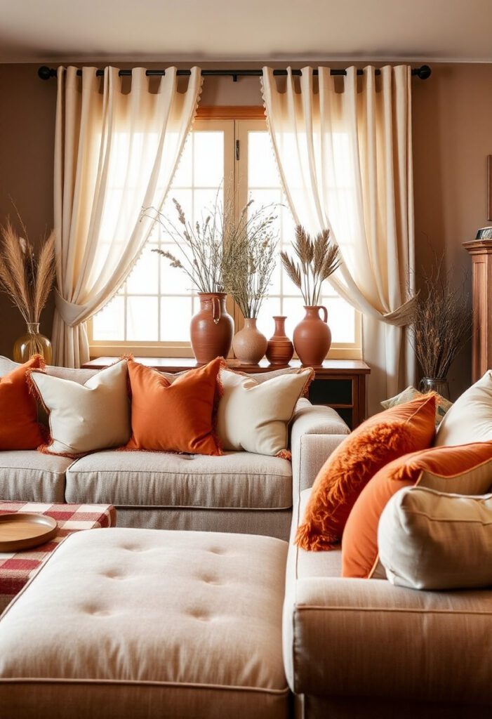 Cozy living room in warm colors like camel, terracotta, rust, and creamy white for a welcoming, rich feel.