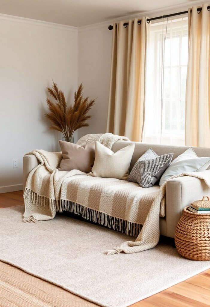 Cozy living room with a large area rug, textured pillows, throw blankets, and soft window treatments for layered warmth.