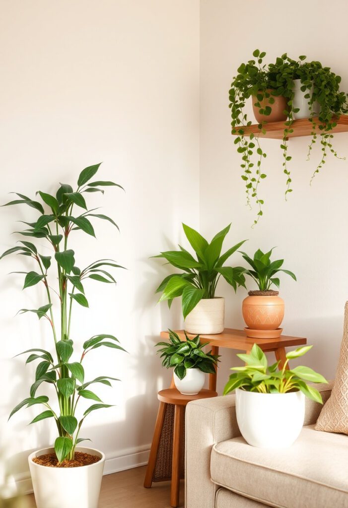 Cozy living room decorated with potted plants in different sizes and heights to bring in natural greenery and texture.