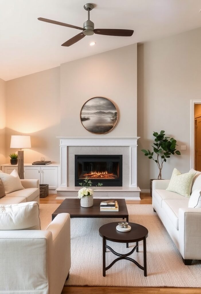 Cozy living room with a fireplace and styled bookshelf as the central focal point of the space.