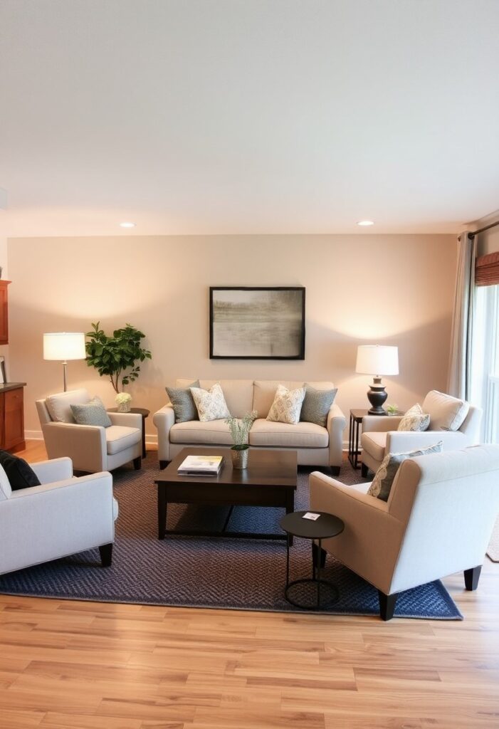 Cozy living room with right-sized furniture arranged for easy movement and comfortable flow throughout the space.