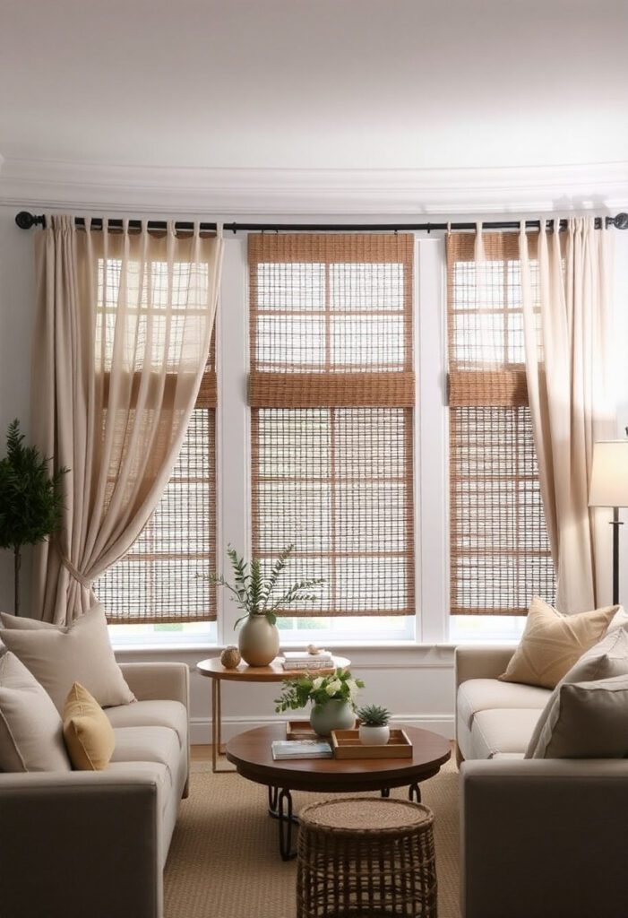 Cozy living room with layered curtains and woven wood blinds softening the space while controlling light.