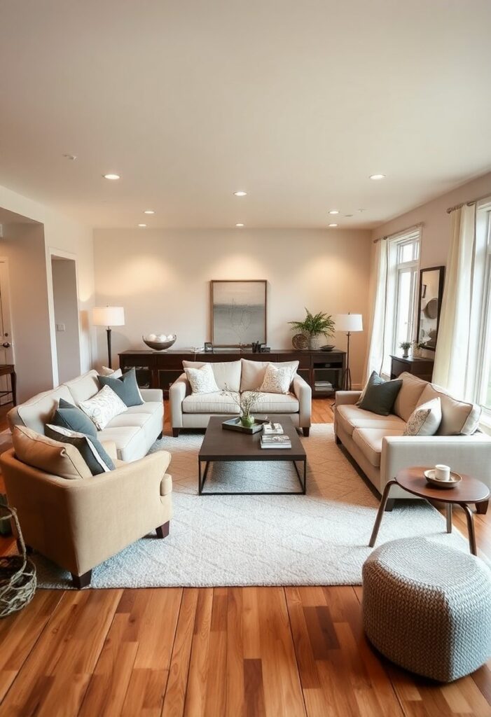 cozy living room layout with furniture arranged inward to encourage conversation and connection.