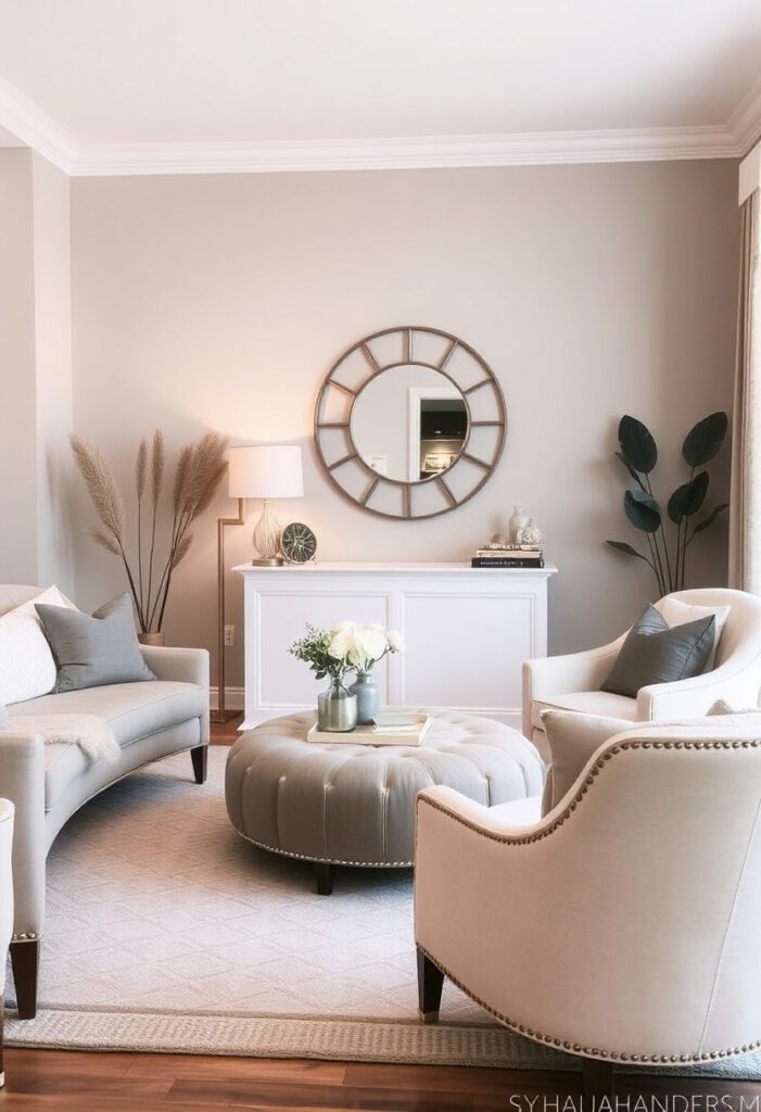 Cozy living room featuring rounded coffee table, curved armchairs, and circular mirrors for a gentle, relaxing atmosphere.