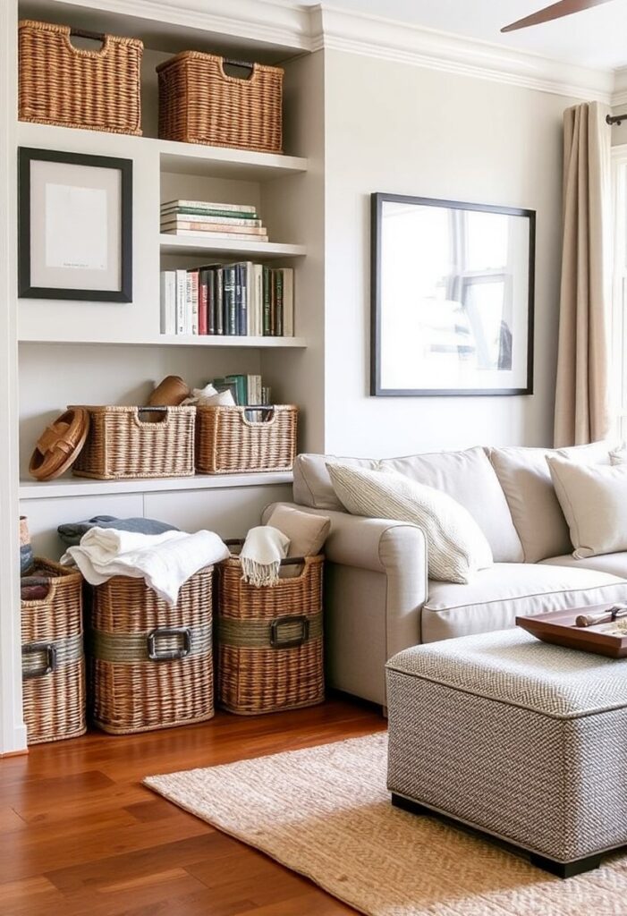 Cozy living room with stylish storage including baskets, built-in shelves, and a storage ottoman to reduce clutter.