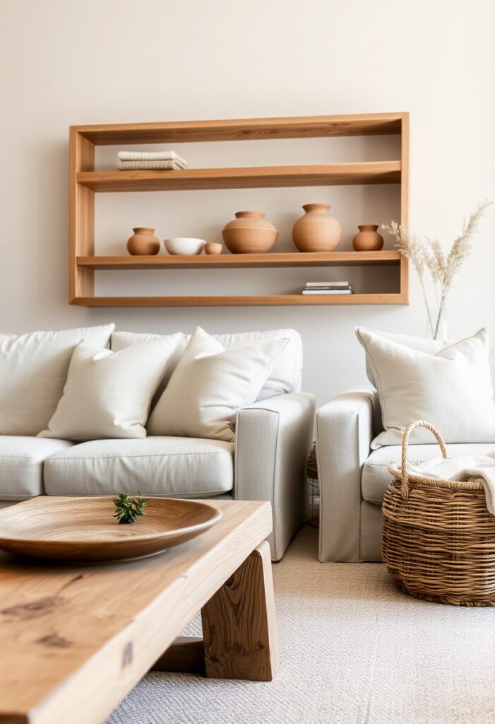 Neutral cozy living room with natural textures—wooden coffee table with visible grain, rattan storage basket beside a linen sofa, stone coasters on a side table, and clay vases on open shelving. Soft lighting, realistic textures.