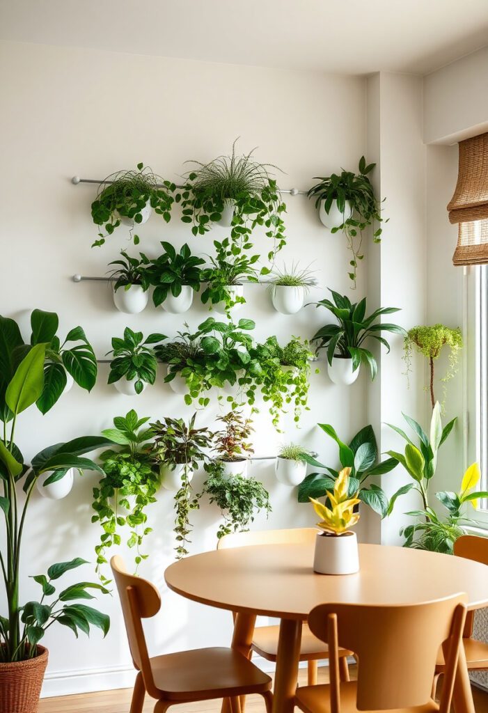 DIY plant wall with wall-mounted planters filled with ferns and pothos in a bright indoor dining space.