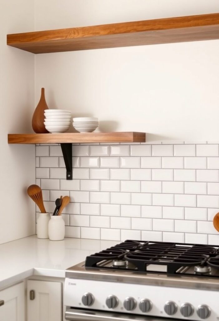  White subway tile backsplash with dark grout in a bright kitchen with wood shelving above.