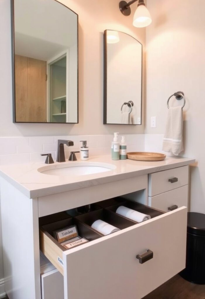 Custom bathroom vanity with organized drawer dividers and labeled storage in a neutral-toned space.